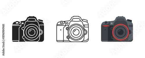 Professional DSLR Camera Icon Set featuring Modern Digital Mirrorless Design in Silhouette, Outline, and Charcoal Grey with Red Detail Graphic Styles