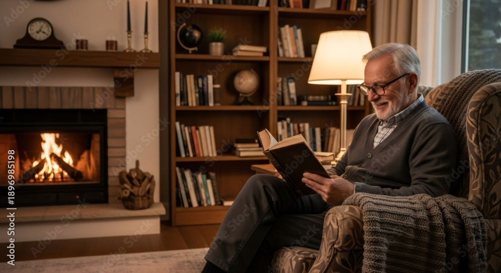 Fototapeta premium Elderly man reading book in cozy armchair by fireplace in living room. Happy senior enjoying retirement leisure activity in home comfort.