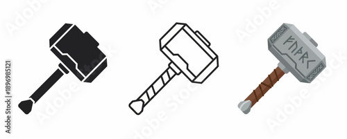 Legendary Norse Mythology Mjolnir Thor's Hammer Icon Set featuring Runic Engravings in Silhouette, Outline, and Realistic Stone and Leather Graphic Styles