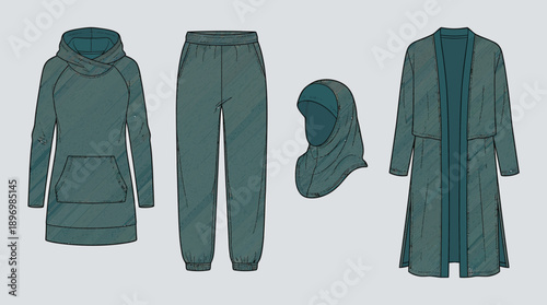 Modest Activewear Apparel Set with Teal Hijab, Athletic Tunic Hoodie, Performance Joggers, and Longline Cardigan Mockup Designs