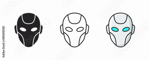 Futuristic Robot Head Icon Set with Glowing Blue Eyes in Silhouette, Outline, and Sleek White Android Flat Graphic Styles