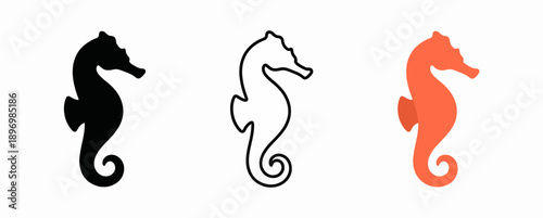 Classic Seahorse Icon Set with Curled Tail Design in Silhouette, Outline, and Bright Coral Orange Flat Graphic Styles