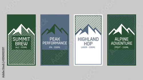 Minimalist Mountain Craft Beer Label Set with Alpine Summit Illustrations for Microbrewery Branding and Beverage Packaging Design