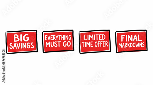 Red Clearance Sale Banner Set with Big Savings and Final Markdown Promotional Labels for Retail Marketing