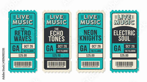 Retro Style Live Music Concert Ticket Set with General Admission Pass and Barcode in Teal and Cream Vintage Designs