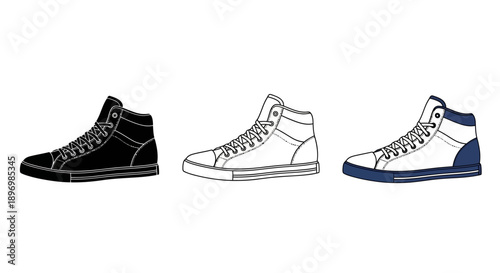 High Top Sneaker Shoe Icon Set with Classic Canvas Silhouette, Detailed Outline, and Modern Blue Flat Design Styles