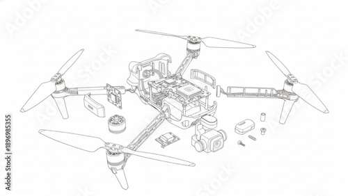 Exploded View Drone Assembly Engineering Line Drawing