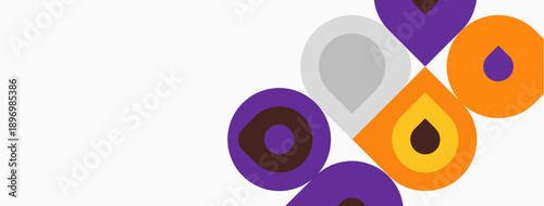 Abstract shapes, circles, overlapping forms. Purple, orange, gray hues dominate composition. Minimalist design, clean aesthetic. Modern graphic element.