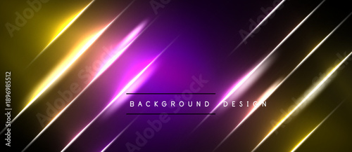 Abstract design features vibrant diagonal lines. Gold, pink, purple hues create dynamic visual effect. Text reads background design.