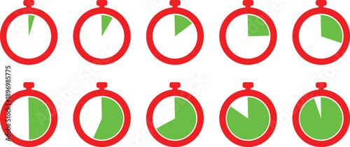 Minimalist red stopwatch icons set showing various time intervals with green progress segments for tracking duration in fitness coaching sports activities and countdown management applications