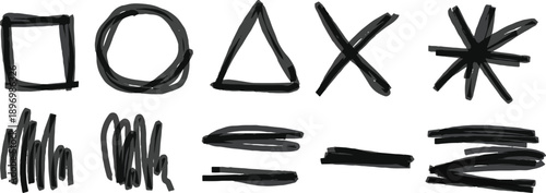 A set of hand-drawn doodles with a black marker brush. Squares, ovals, triangles, crosses, and underlines. Doodle elements with a rough grunge texture.