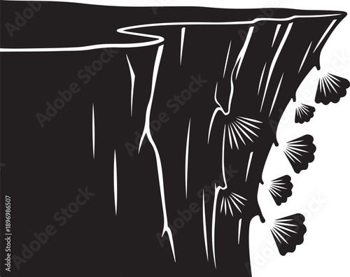 Black Cliffside with White Lines and Flowers Illustration Art