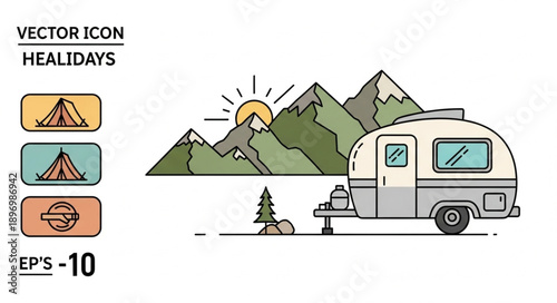 Vector icon of a camper van with mountains and sun.