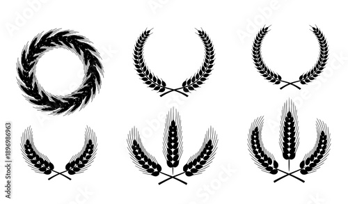 Decorative Wheat Wreath and Grain Silhouette Icons Vector Collection