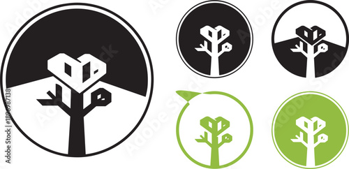 Abstract geometric tree logo set with circular badges modern minimalist branding icon black white and green vector design collection editable scalable emblem