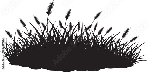 Black Silhouette of Cattails and Grass on White Background