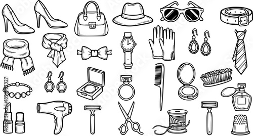 Black  White Line Art Fashion and Beauty Accessories Icon Set. Hand-Drawn Collection of Personal Items, Grooming Tools, and Everyday Objects.
