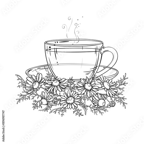 Cup of Chamomile Tea aroma beverage Outline Illustration. Vector isolated for Design and Decoration for Cafeteria, Posters, Banners, Cards.