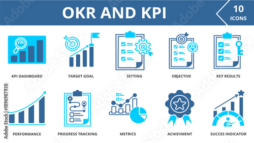 OKR AND KPI icon collection set. Containing KPI dashboard, Target, Goal setting,Objective, Key results, Performance chart Progress tracking, Metrics .dual tone vector.