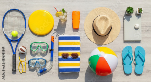 Summer Vacation Beach Holiday Essentials Flat Lay Arrangement.