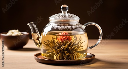Elegant glass teapot showcases a captivating blooming tea flower unfurling gracefully in hot water, creating a serene and sophisticated beverage experience on a polished wooden surface
