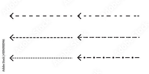 Set of different style long straight vector arrows. long dashed line arrows.