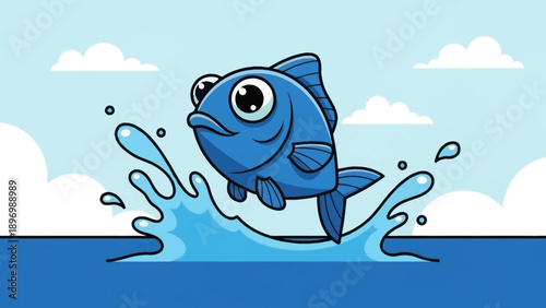 Blue Cartoon Fish Jumping Out Water.