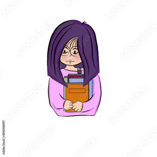 Shy Girl with Glasses Holding Books Cartoon