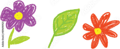 Hand-drawn cute flower and leaf with pastel, pencil, or chalk textures. Bright spring floral background, perfect for Easter, summer, and children designs. Ideal for high-demand vector projects