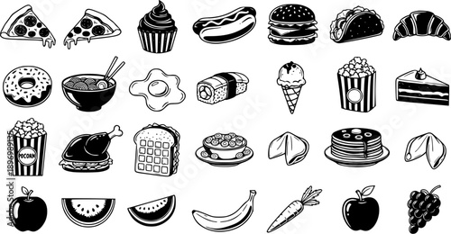 Black and White Line Art Food Icons Collection. Delicious Fast Food, Healthy Snacks, Fruits, and Desserts Glyph Illustrations for Culinary and Menu Design.