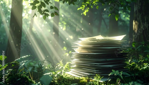 Stack of documents resting on mossy forest floor illuminated by dramatic sunbeams, symbolizing sustainability, nature conservation, and eco-friendly business practices.