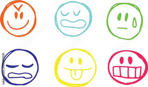 Bright, abstract doodle emojis featuring human emotions with bold, rough lines. Playful expressions great for creative social media or marketing