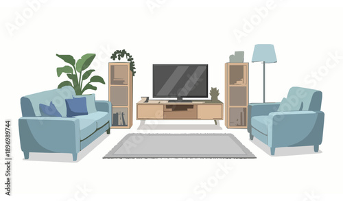 Living room interior cartoon vector collection with furniture and plants