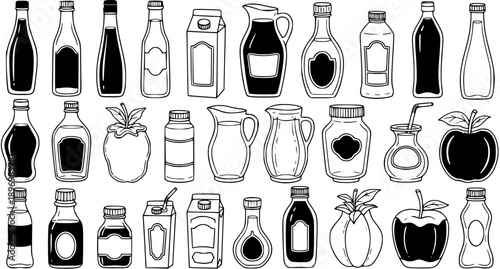 Food and Drink Packaging Line Art Set. Hand-drawn Black and White Bottles, Jars, Jugs, Milk Cartons, and Apples for Beverage and Grocery Concepts.
