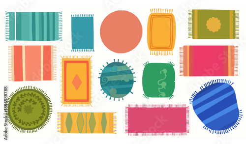 Colorful cartoon rug icons set cozy home interior decor vector