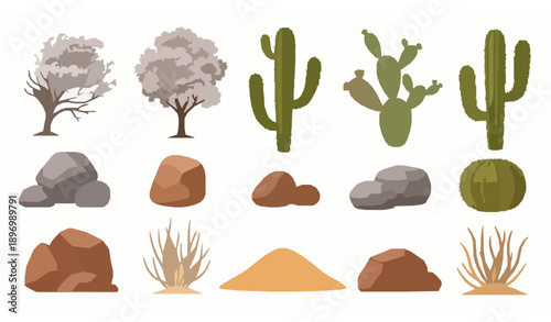 Cartoon desert elements set tumbleweed cactus rocks isolated on white