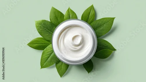 Fototapeta samoprzylepna jar of cream surrounded by green leaves on a light green background