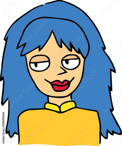 Cute, smiling girl with long, tousled blue hair and bangs. Drawn in a soft, charming style, perfect for avatars, social media profiles, or branding, radiating warmth and playfulness