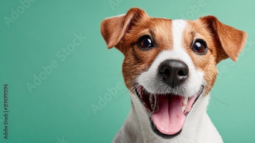 Happy Jack Russell Terrier Smiling with Tongue Out on a Teal Background