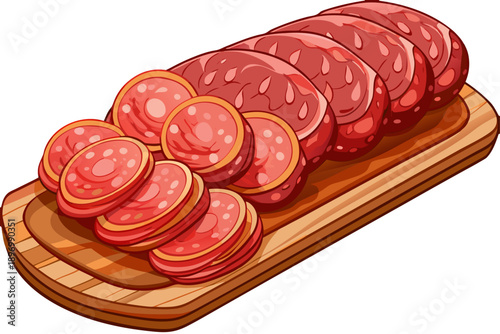 Sliced ​​salami artfully arranged on a rustic wooden tray ready for an inviting creamy dish isolated on a transparent background of a delicious meat presentation.