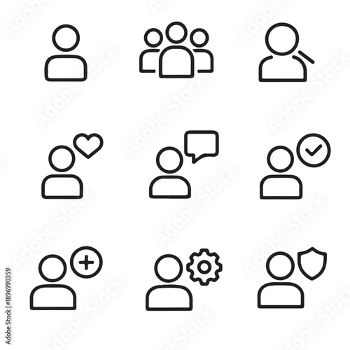 User interface icons for profiles, settings, notifications, and social interactions