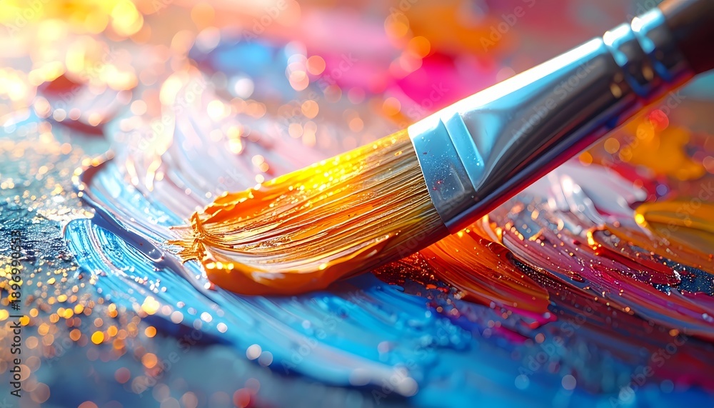 Fototapeta premium Artistic Macro View of Paintbrush Applying Thick, Vibrant Orange and Blue Acrylic Paint Strokes, Illuminated by Golden Bokeh and Glitter.
