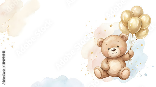 Cute cartoon teddy bear with gold balloons illustration