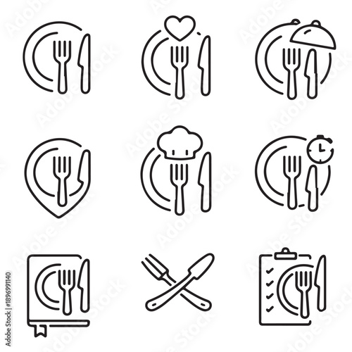 Collection of dining and culinary icons representing meals, restaurants, and food service