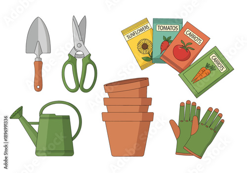 Top-down view of gardening tools with terracotta pots, watering can, gloves and seed packets – digital illustration for website icon