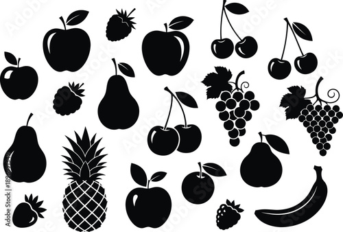 A collection of fruit silhouettes arranged on a white background