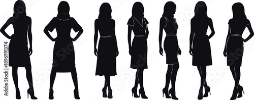 Seven confident business women in various poses in silhouette against a white background