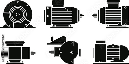 Industrial Electric Motor Silhouette Icon Set Vector illustration