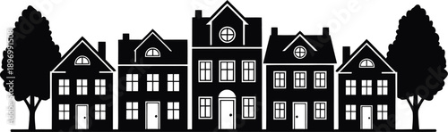 A black silhouette of a row of houses with trees against a white background silhouette
