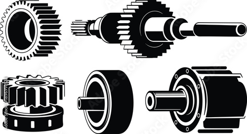 Mechanical Engine Parts and Gears Vector Silhouette Set